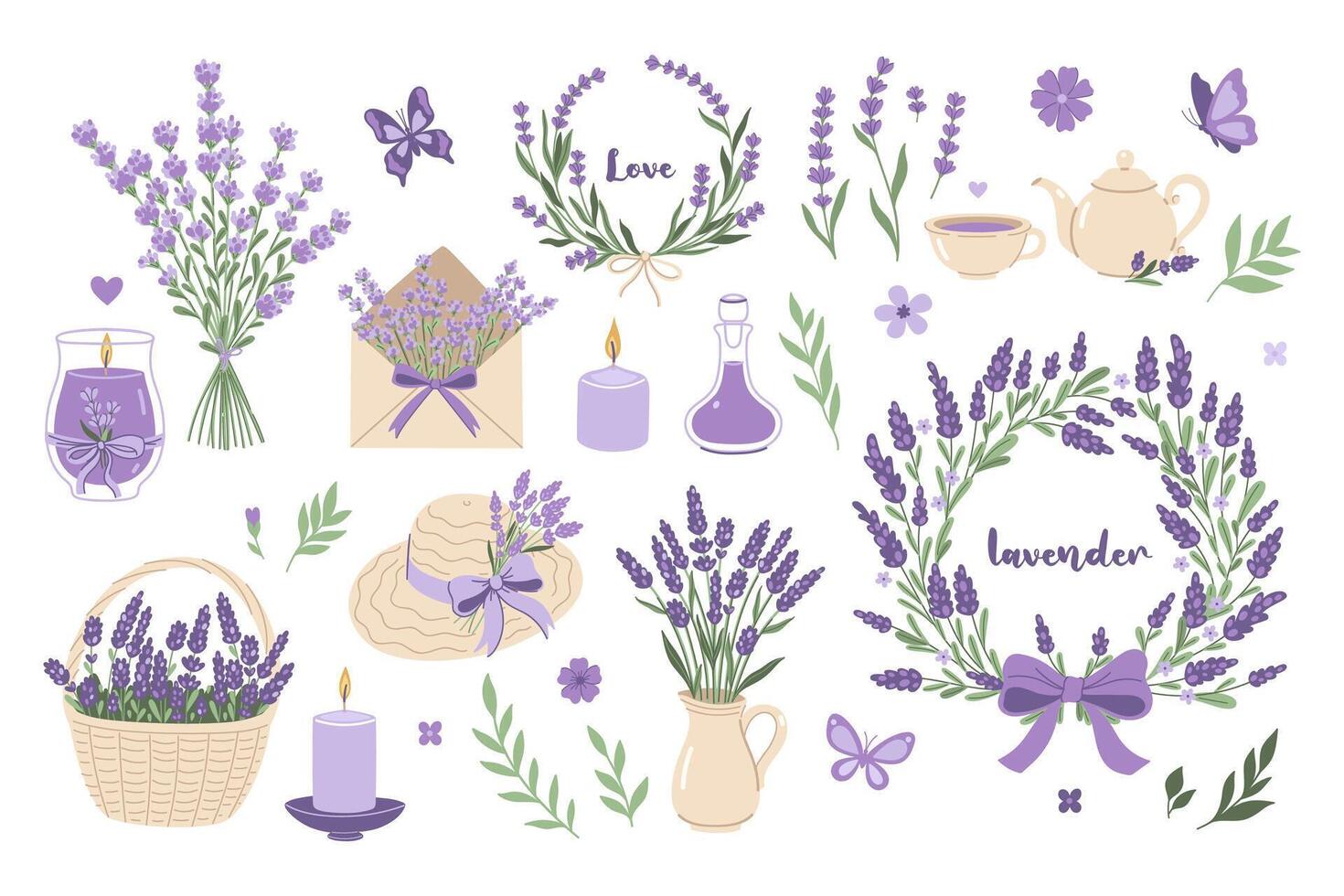 A set of items with lavender flowers. Vector graphics.