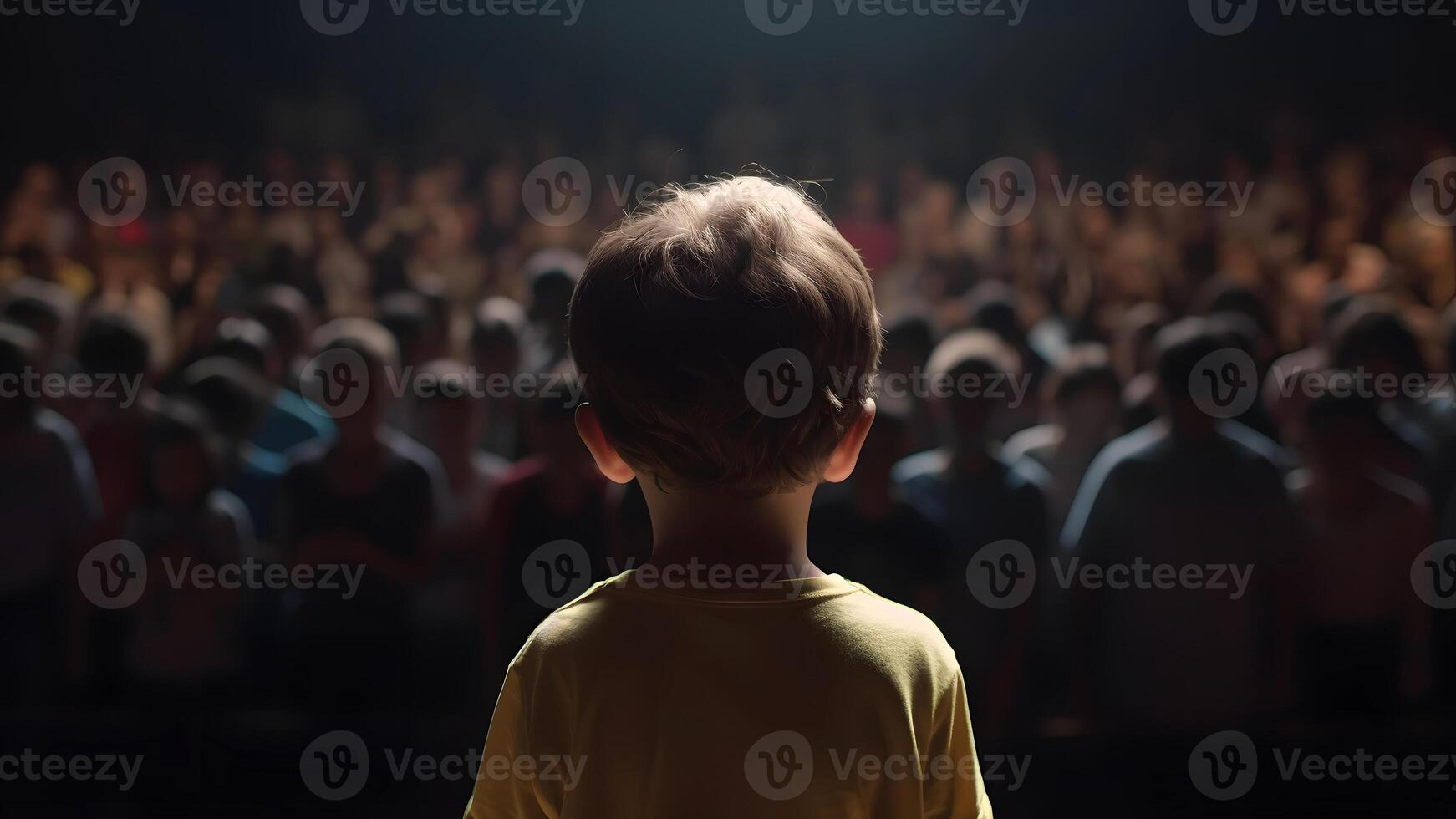 AI generated Small child gives a speech on stage in front of thousands people crowd, view from behind, neural network generated picture photo