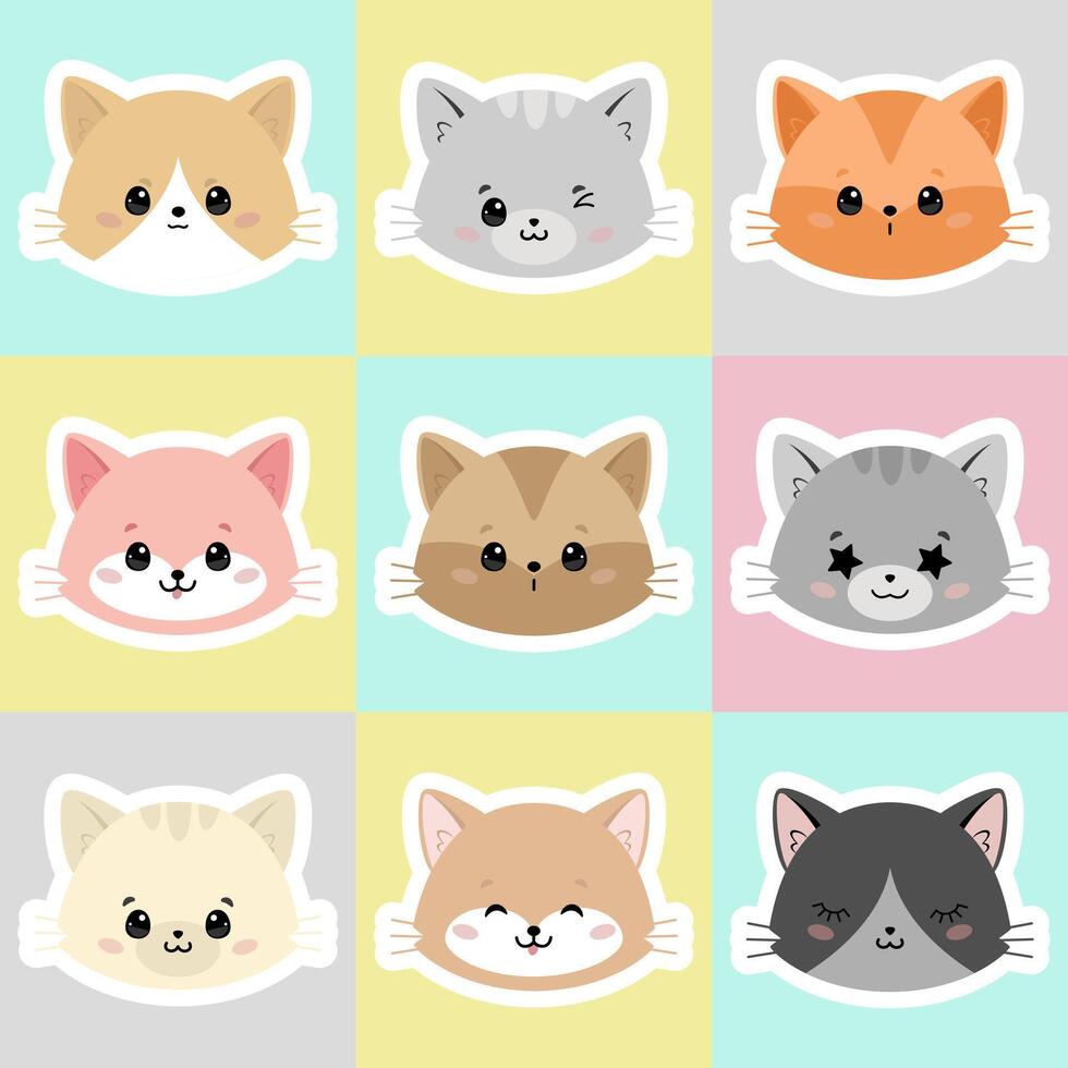 Cute and smile cat heads vector set. Happy cat faces character design of different cat