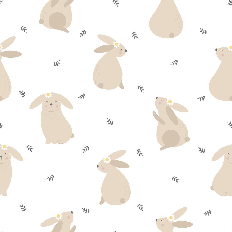 Cute bunny easter. Seamless pattern with easter rabbit, flowers and leaves vector