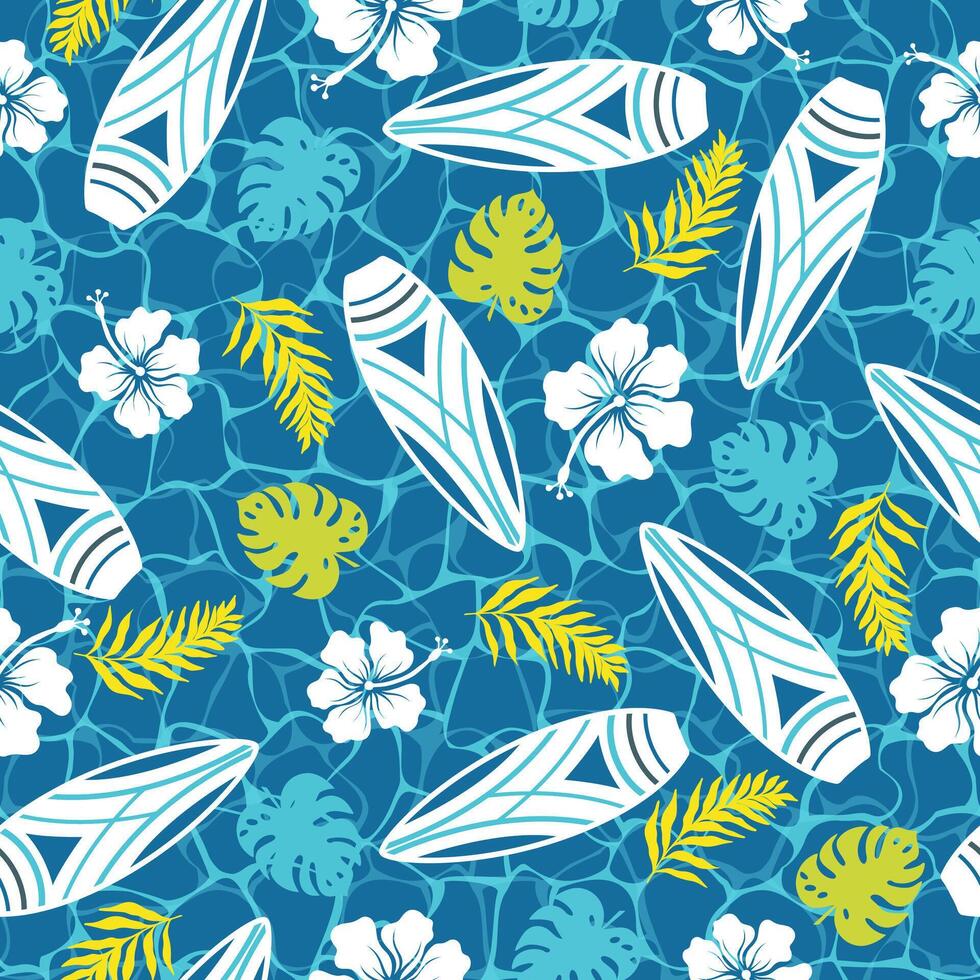 Seamless pattern with surfboard, flowers and leaves. Summer print. vector