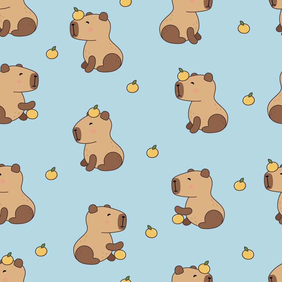 Vector seamless pattern with funny baby capybaras. Adorable background with amusing capibaras with citrus.