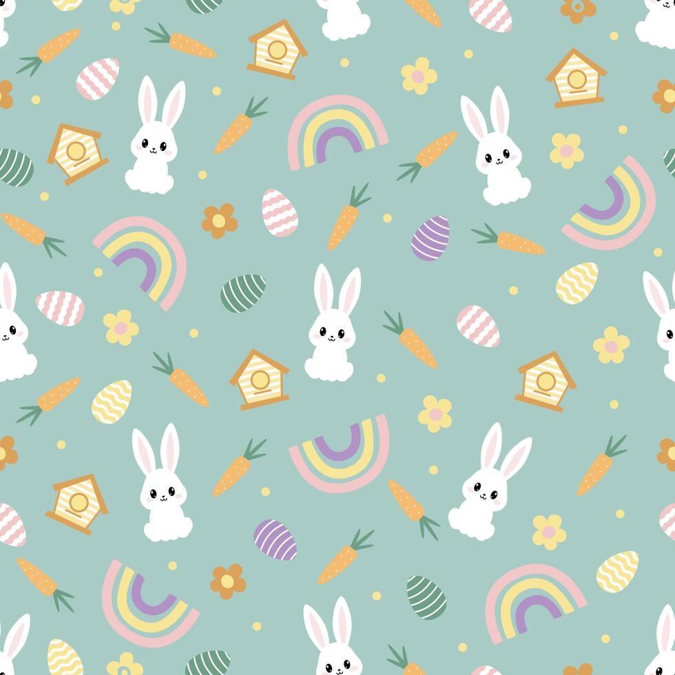 Easter Seamless Pattern with Bunnies, eggs, carrots, rainbow and flowers Spring or Summer Background with Little Rabbits. vector