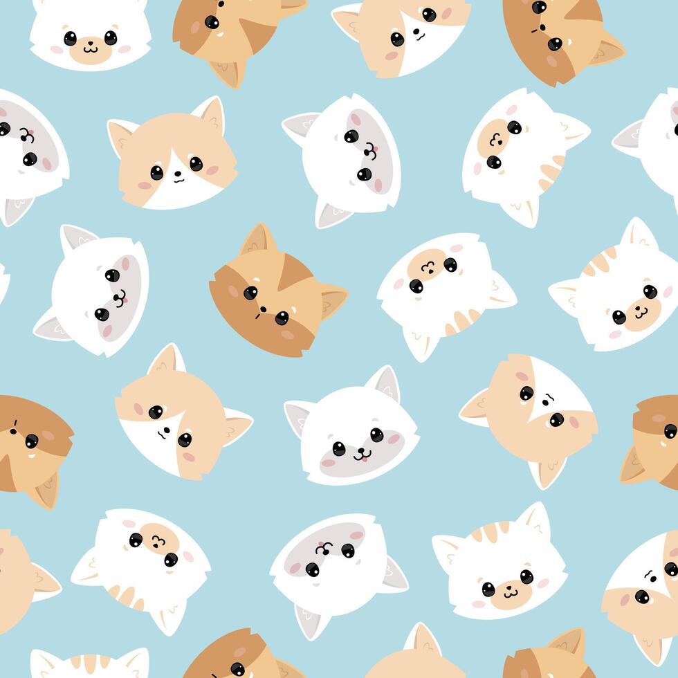 Cute cats seamless pattern. Cartoon kittens head. Print design for clothes, fabric, textiles, postcards. Set of faces vector