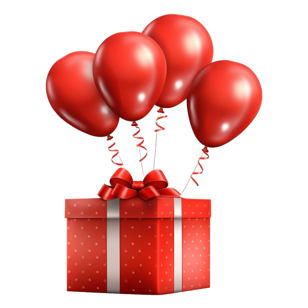 AI generated red gift box with balloons on transparent background png