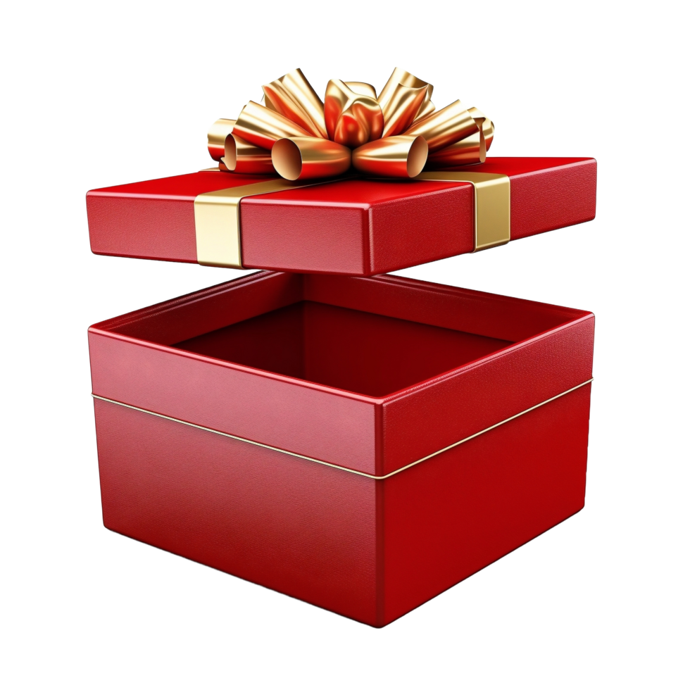 ai generiert öffnen rot Geschenk Box mit golden Bogen auf transparent Hintergrund png