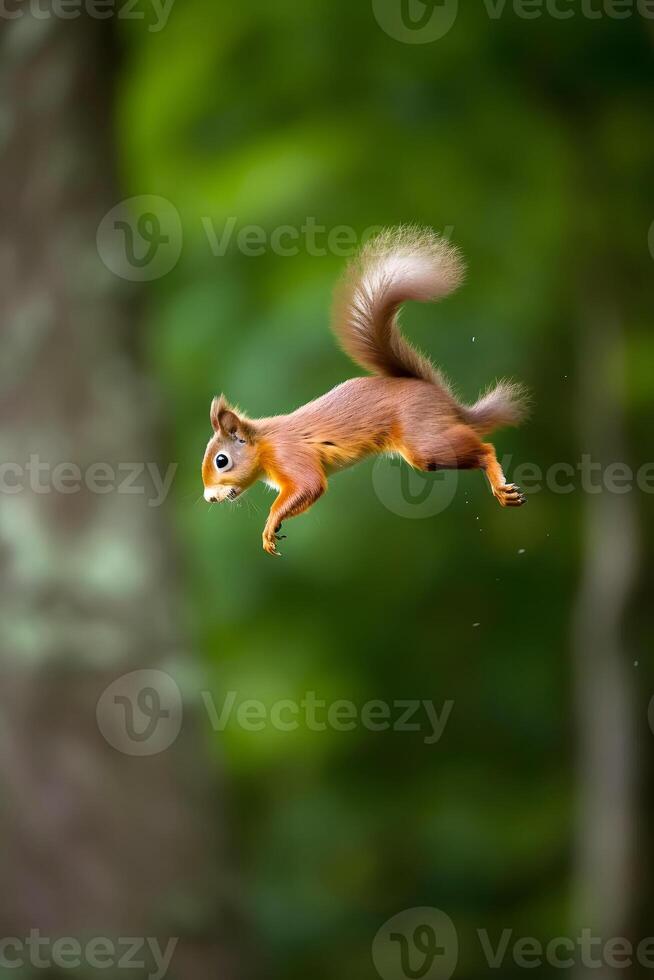 AI generated Eurasian red squirrel Sciurus vulgaris jumping in the forest at summer day, neural network generated photorealistic image photo