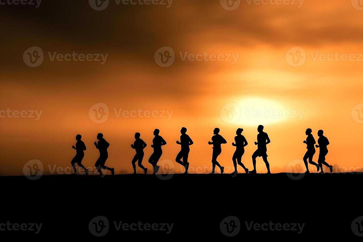 AI generated Marathon black silhouettes of runners on the sunrise, neural network generated image photo