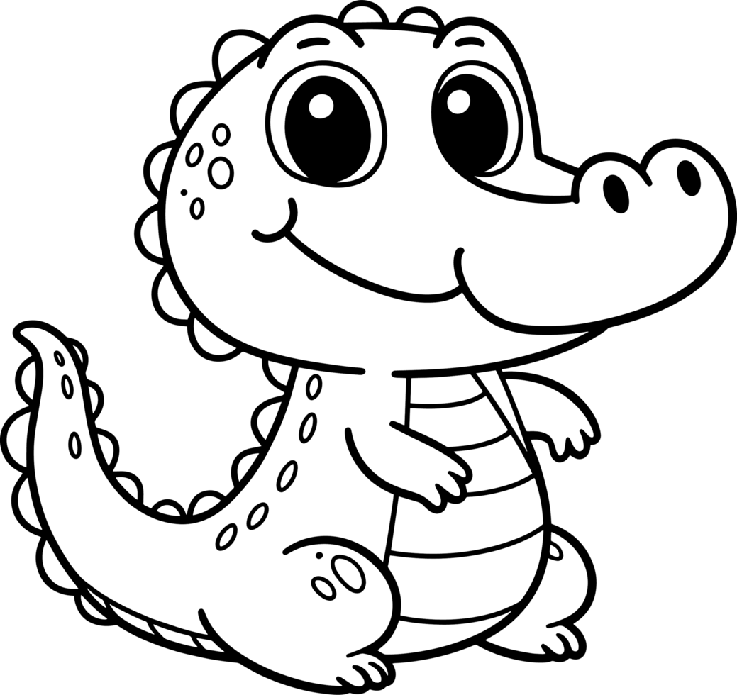 crocodile dessin animé personnage ligne griffonnage noir et blanc coloration page png