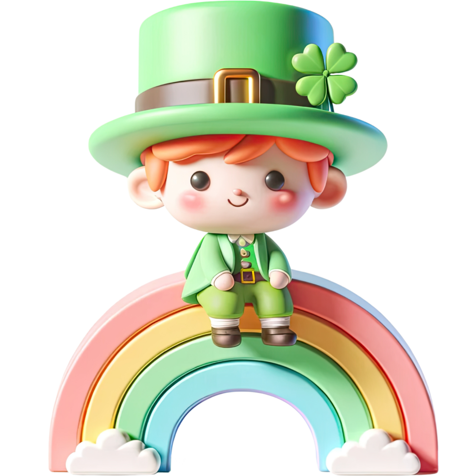 AI generated 3D Leprechaun cute cartoon character with riding on the rainbow. png