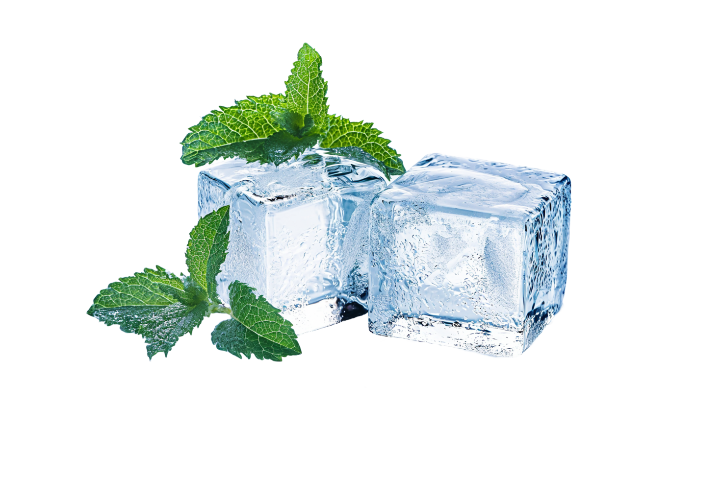 AI generated ice cubes with mint leaves on top png