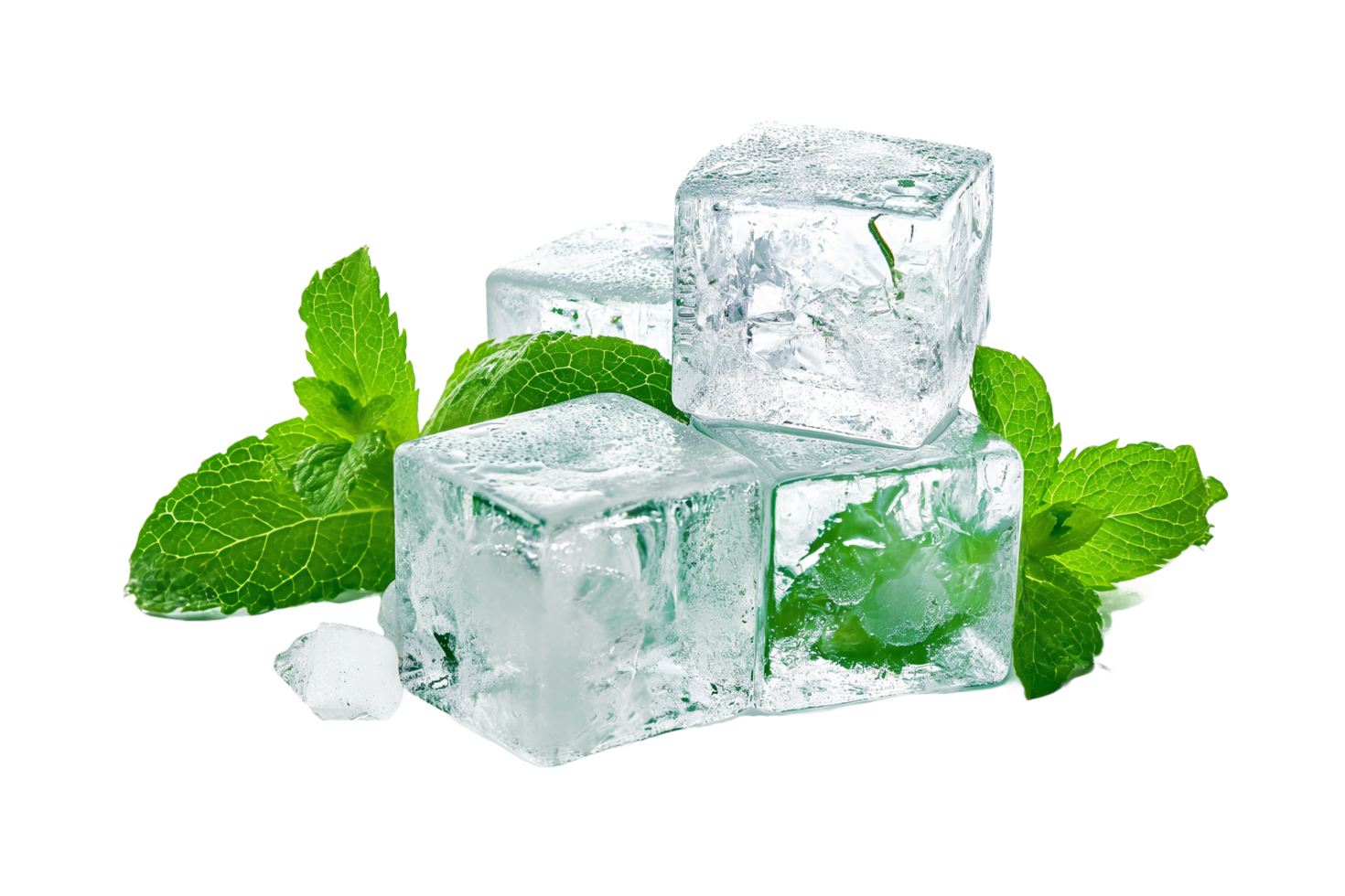 AI generated ice cubes with mint leaves on top png