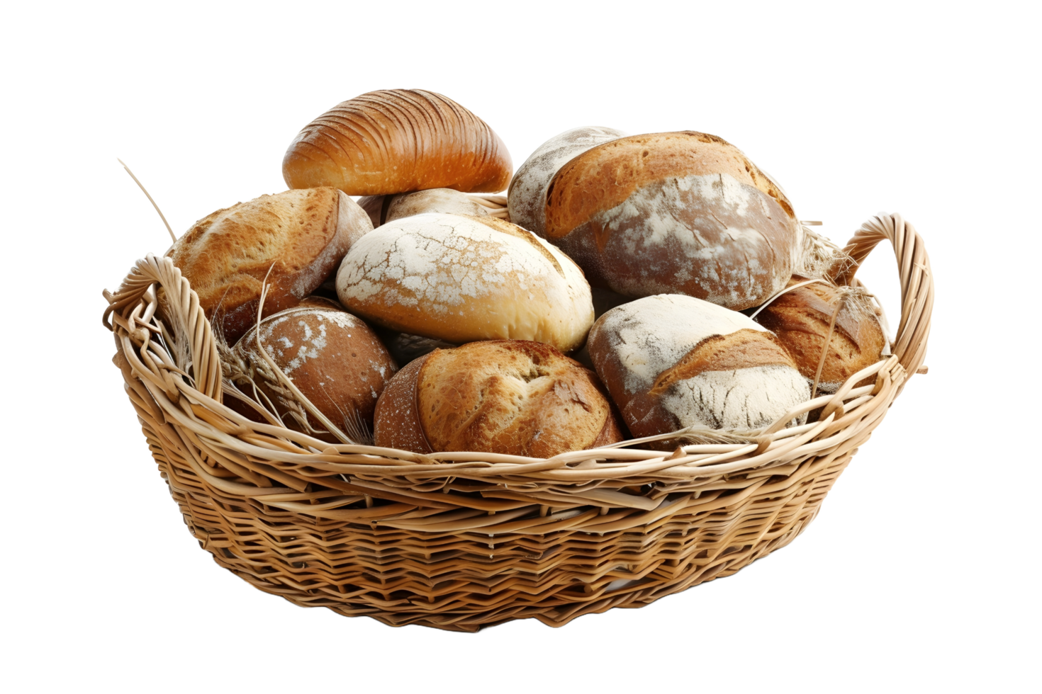 AI generated bread in basket isolated on transparent background png