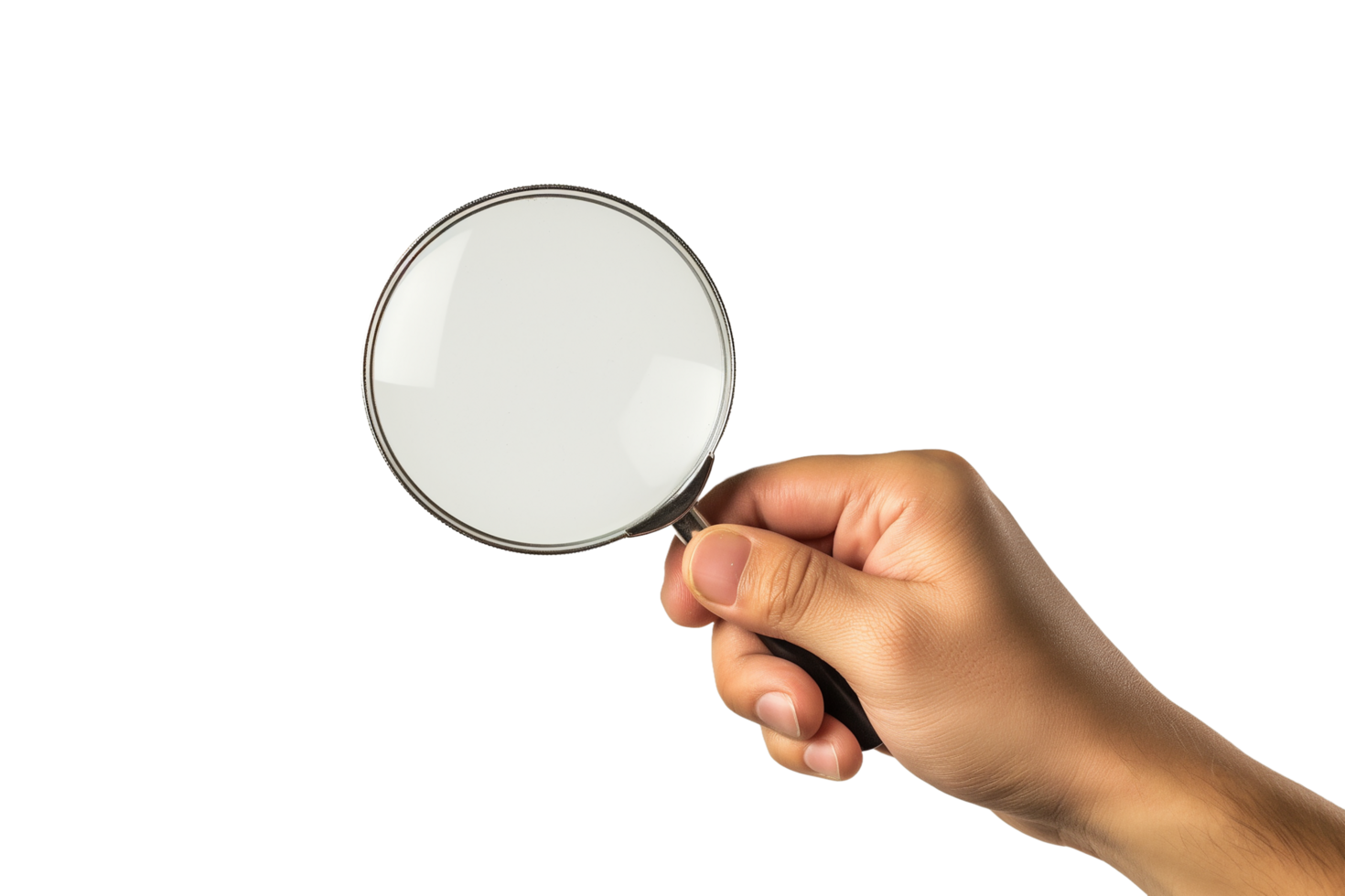 AI generated hand holding a magnifying glass on a transparent background png