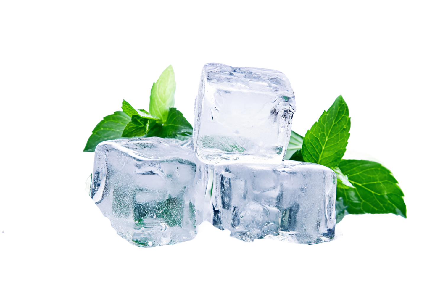 AI generated ice cubes with mint leaves on top png