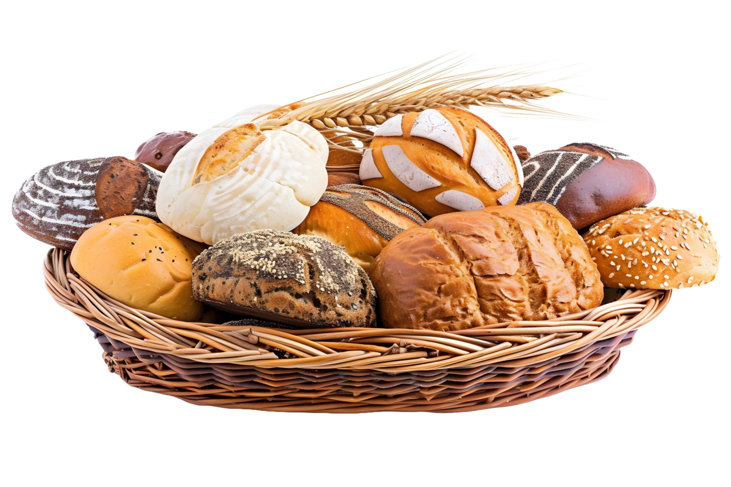 AI generated bread in basket isolated on transparent background png