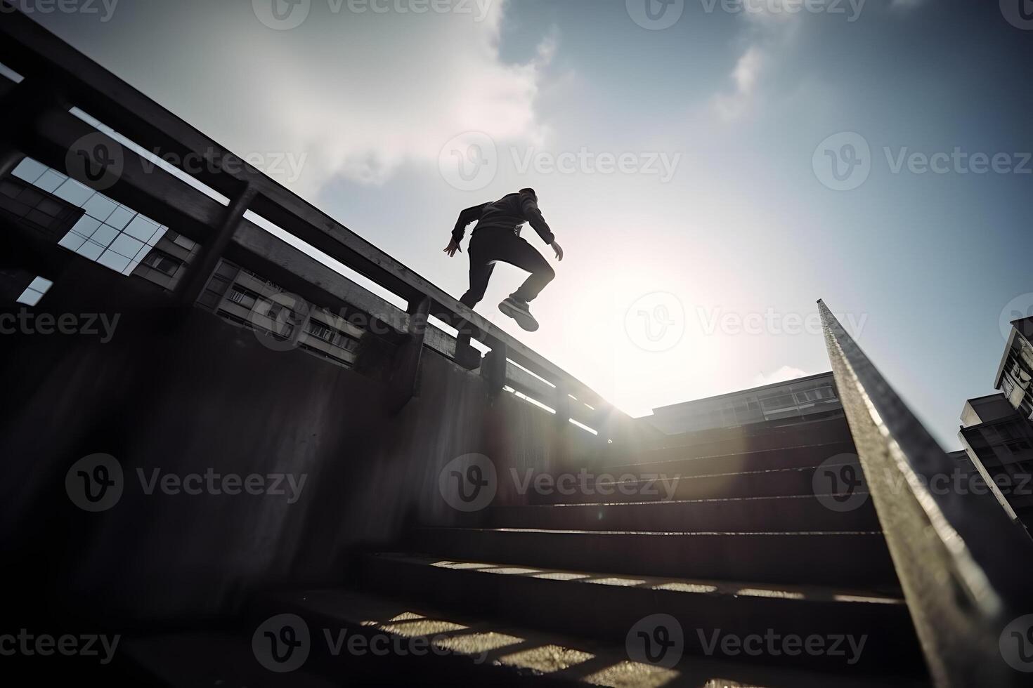 ai generado joven parkour y de funcionamiento libre atletismo prueba en un urbano medio ambiente con un azul cielo en el fondo, neural red generado Arte foto