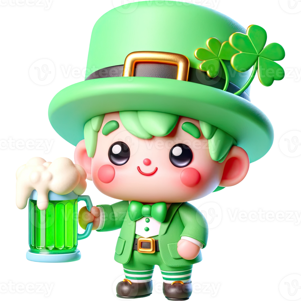 AI generated 3D Leprechaun St. Patrick's Day cute cartoon character with Green beer pint. png