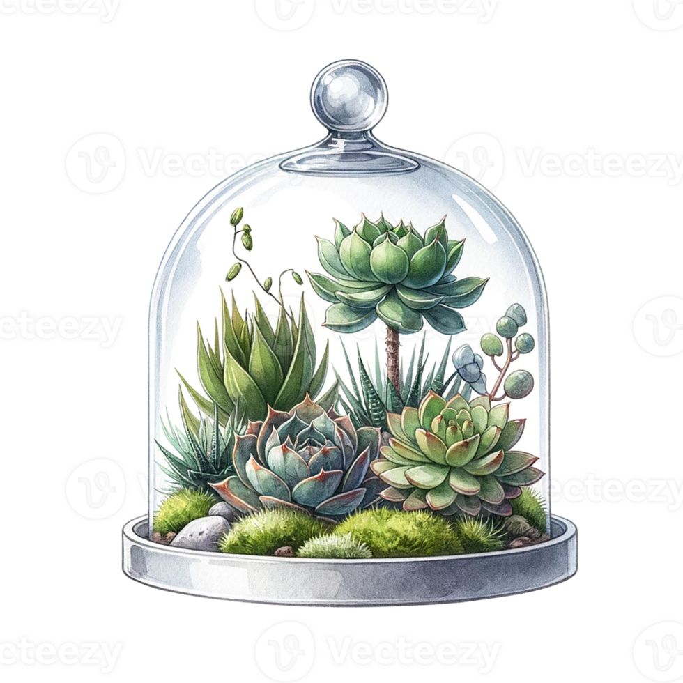 ai gerado suculentos com uma vidro cloche aguarela clipart png