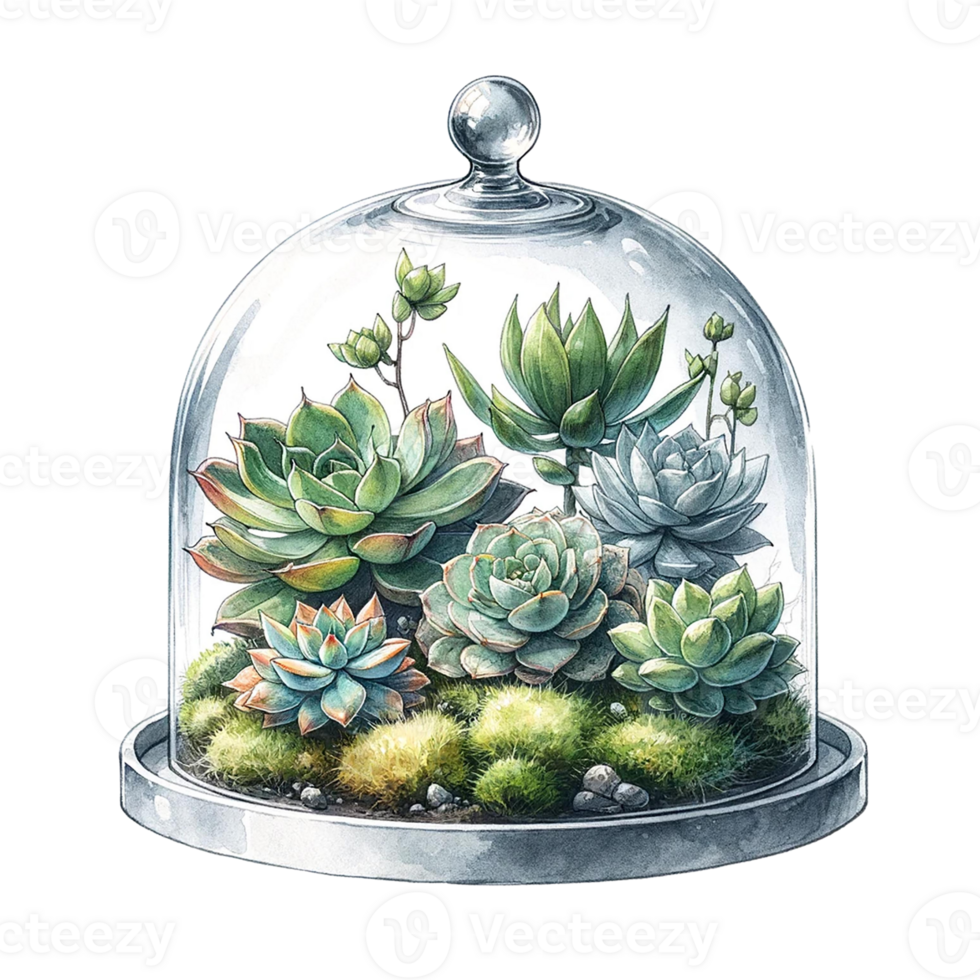 AI generated Succulents with a glass cloche watercolor clipart png