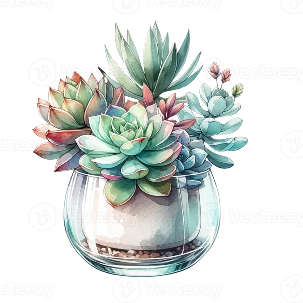 AI generated Succulent plant with a modern glass planter watercolor clipart png