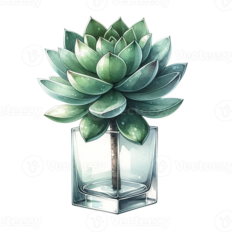 AI generated Succulent plant with a modern glass planter watercolor clipart png