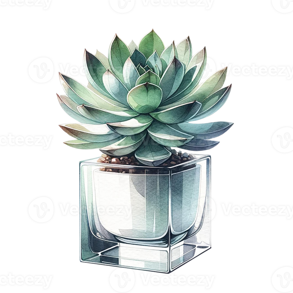AI generated Succulent plant with a modern glass planter watercolor clipart png
