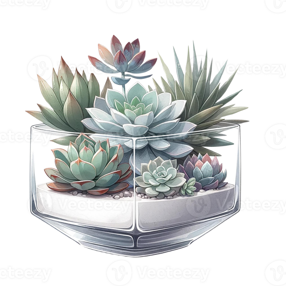 AI generated Succulent plant with a modern glass planter watercolor clipart png
