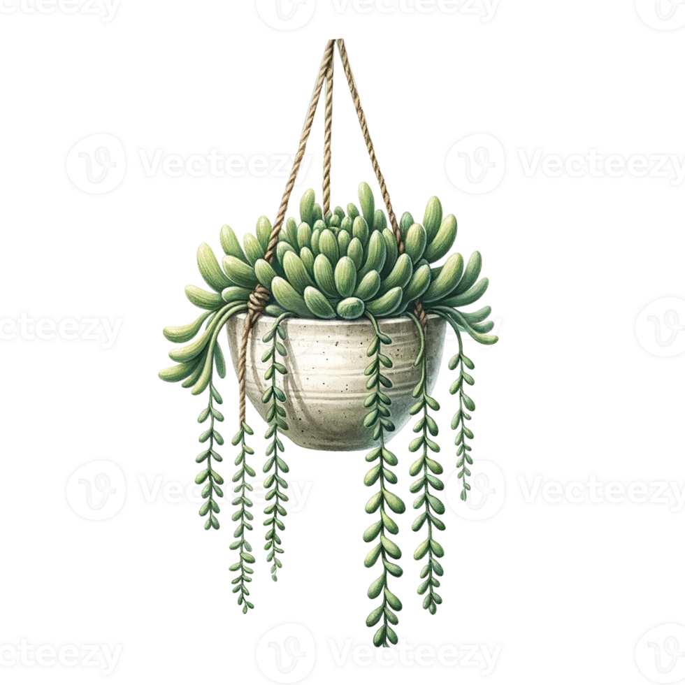 AI generated succulent with a hanging ceramic planter watercolor clipart png