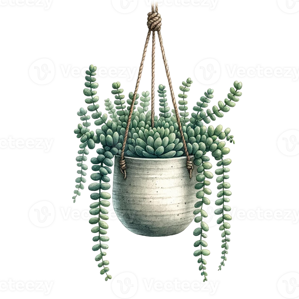 AI generated succulent with a hanging ceramic planter watercolor clipart png
