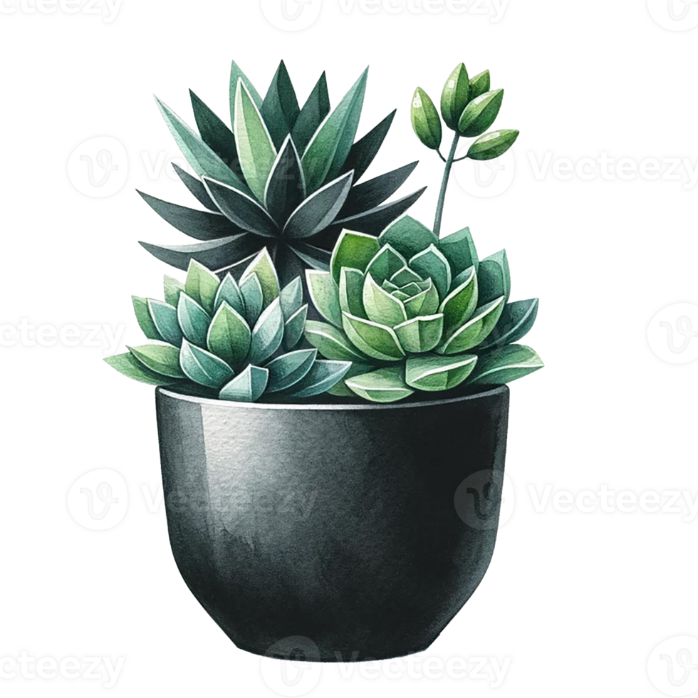 AI generated succulent plants in a minimalist black pot watercolor clipart png