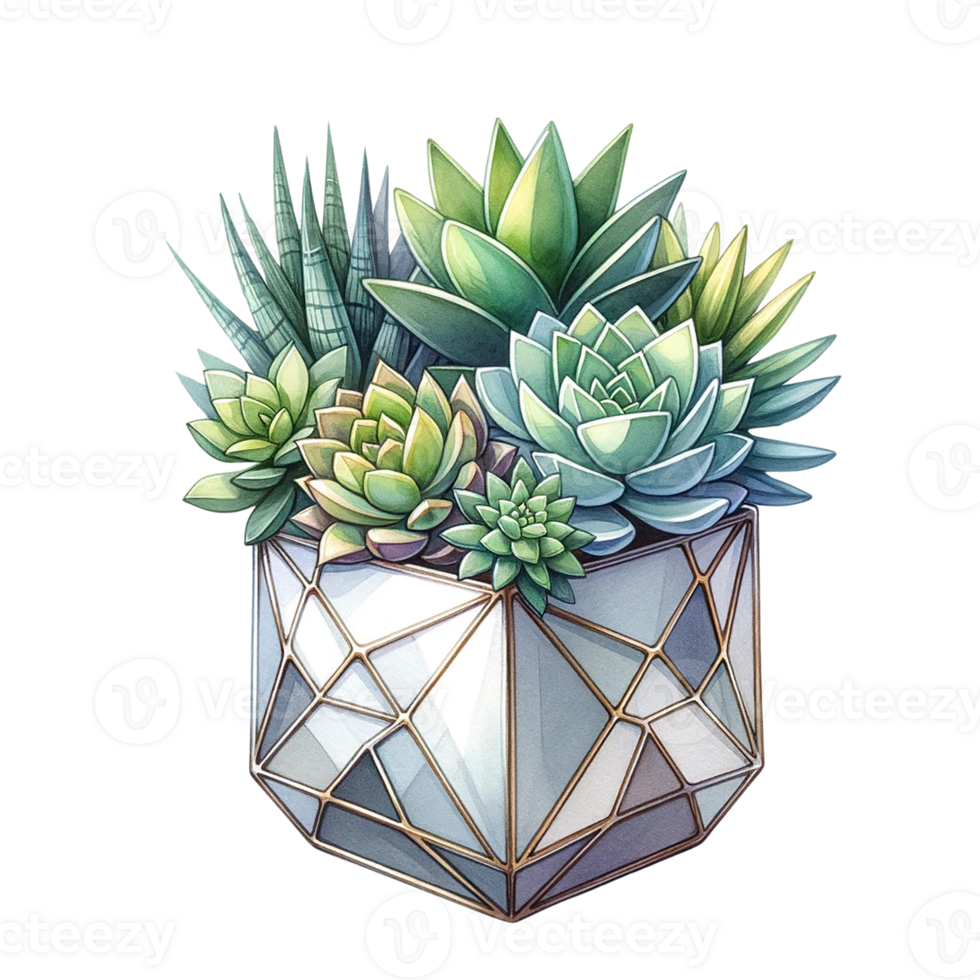 AI generated Succulent plant with a metallic geometric planter watercolor clipart png