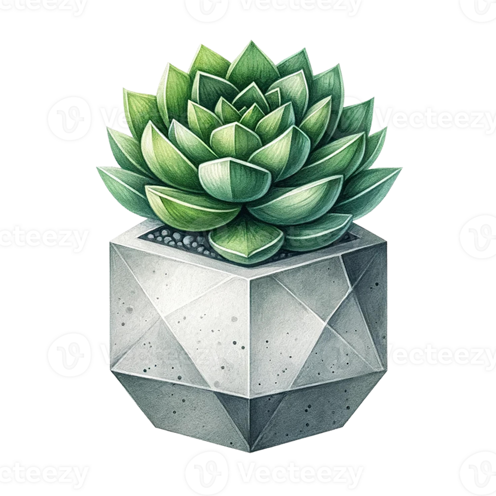 AI generated Succulent with a concrete geometric planter watercolor clipart png
