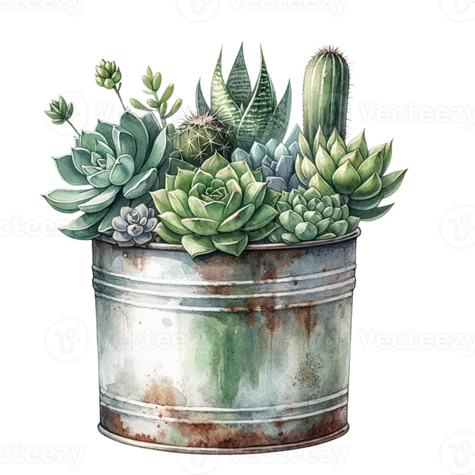 AI generated Succulents  with a vintage-style metal pot  watercolor clipart png