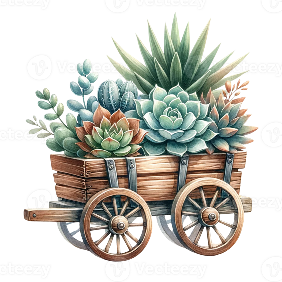 AI generated Succulent arrangement in a wooden wagon watercolor clipart png