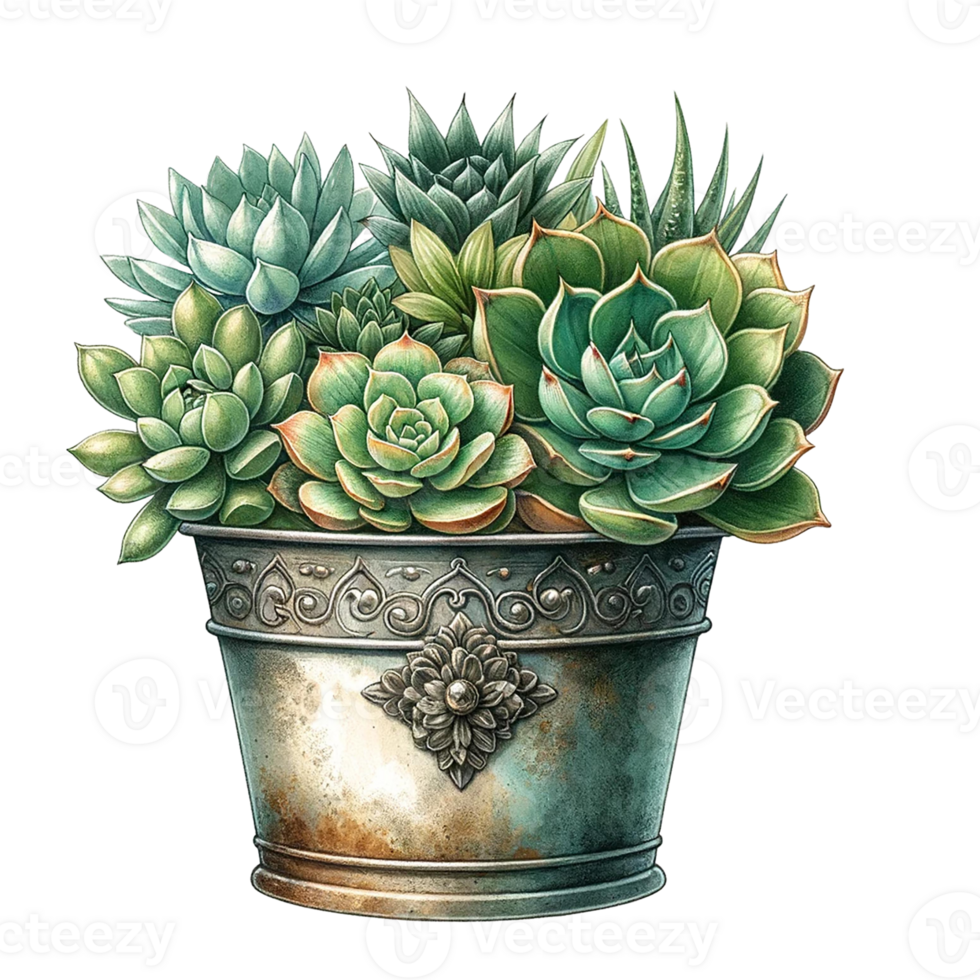 AI generated Succulents  with a vintage-style metal pot  watercolor clipart png