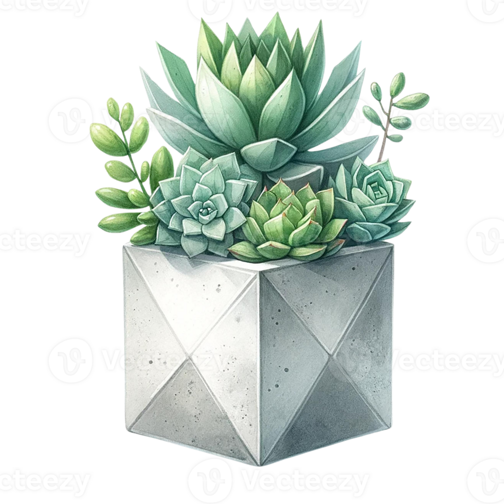 AI generated Succulent with a concrete geometric planter watercolor clipart png