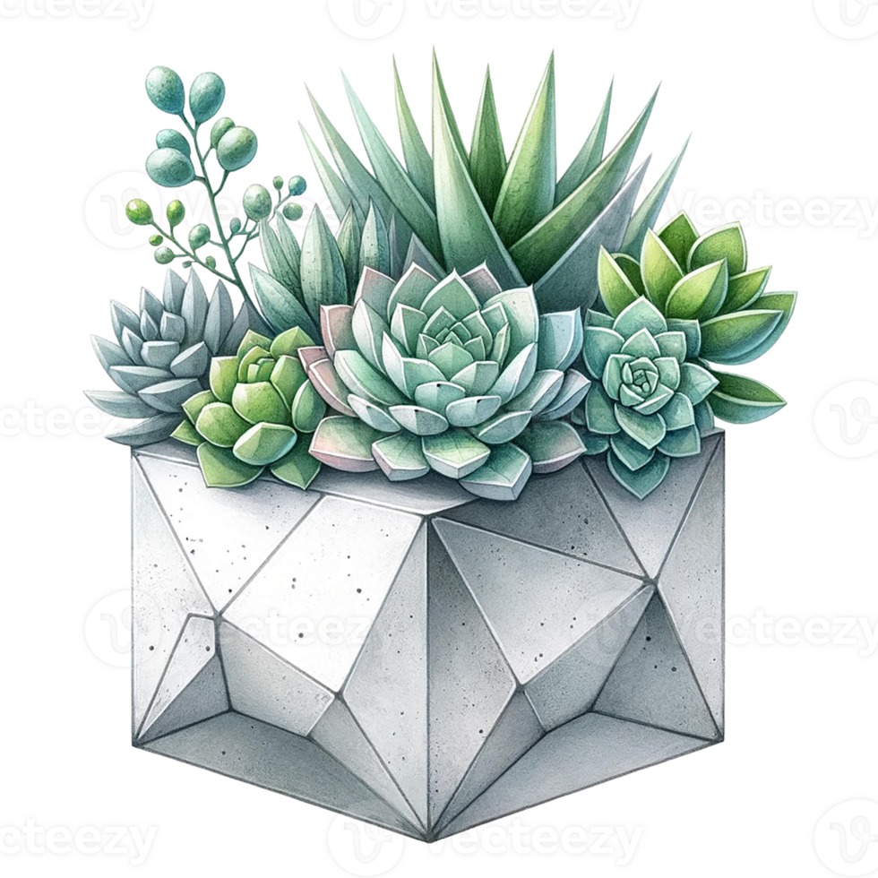 AI generated Succulent with a concrete geometric planter watercolor clipart png