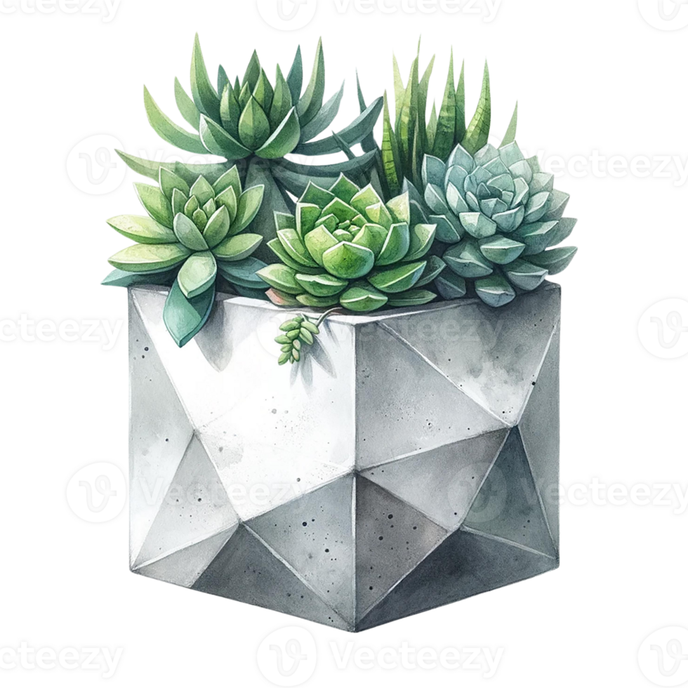 AI generated Succulent with a concrete geometric planter watercolor clipart png