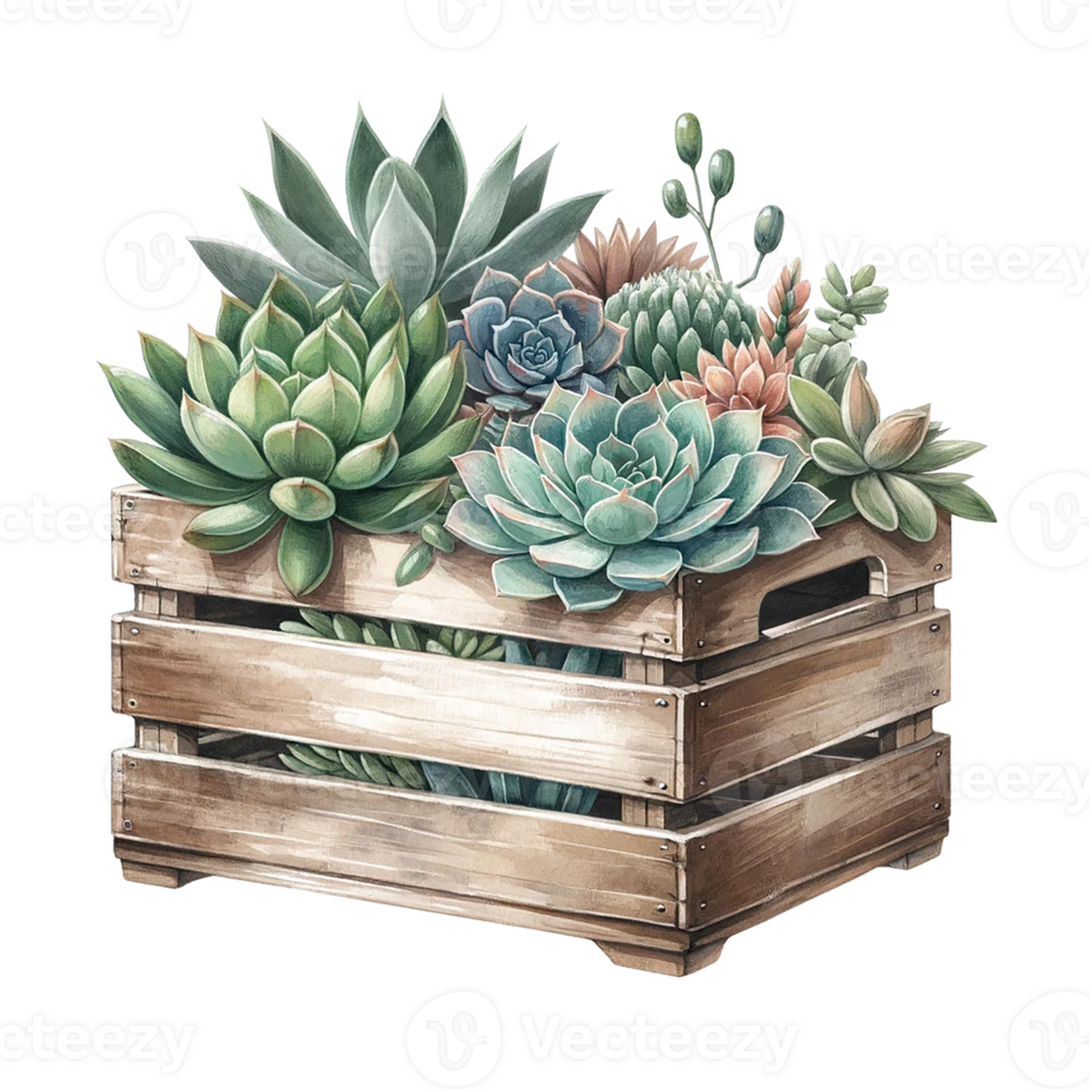 AI generated Succulent arrangement in a vintage crate  watercolor clipart png