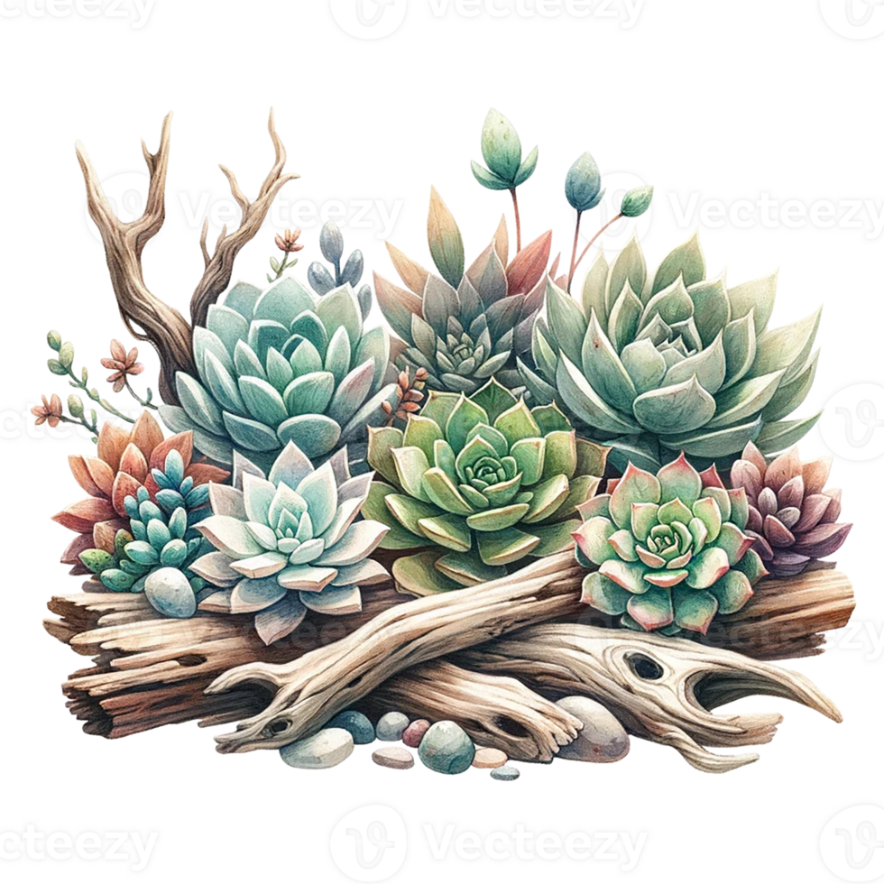 AI generated Succulent garden with driftwood accents  watercolor clipart png