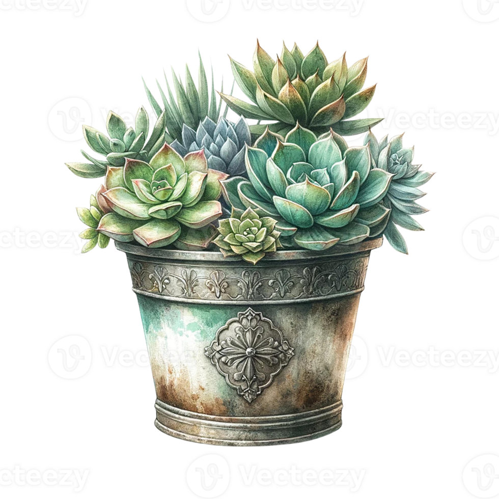 AI generated Succulents  with a vintage-style metal pot  watercolor clipart png