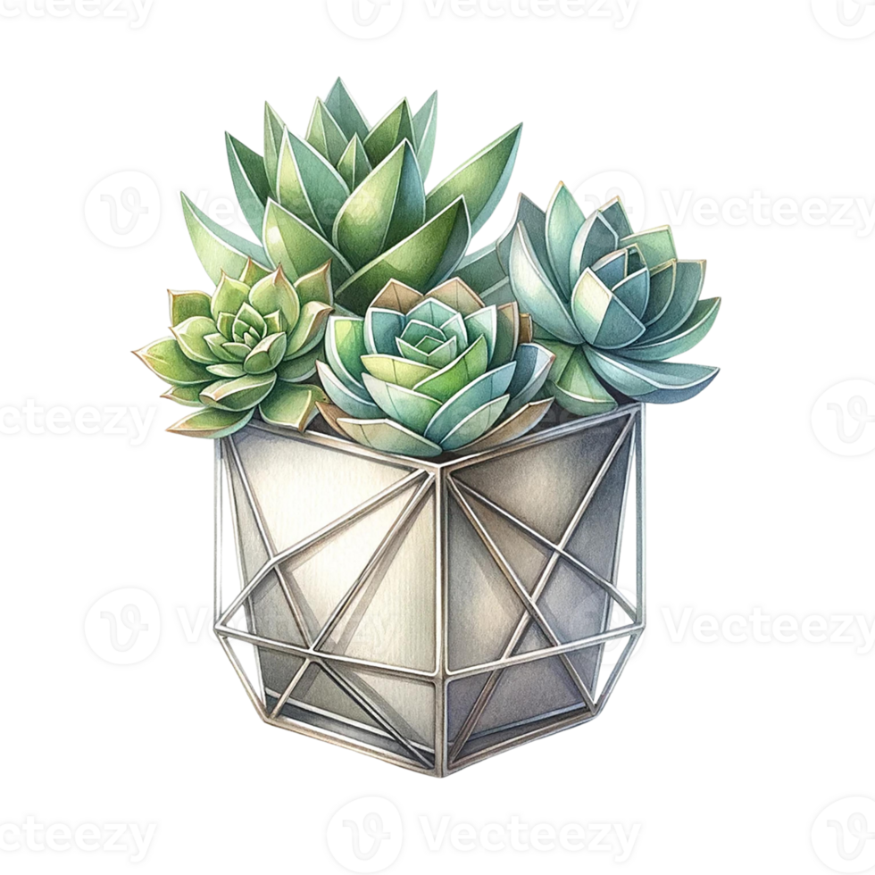 AI generated Succulent plant with a metallic geometric planter watercolor clipart png