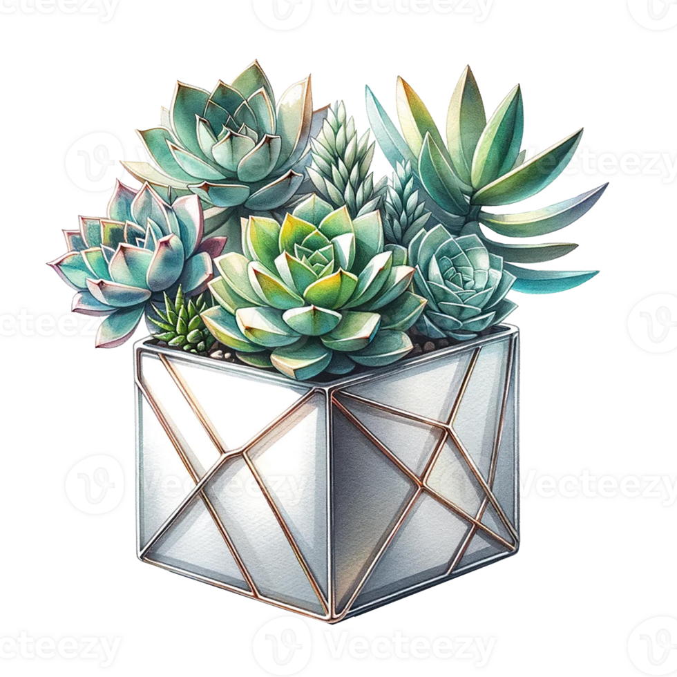 AI generated Succulent plant with a metallic geometric planter watercolor clipart png