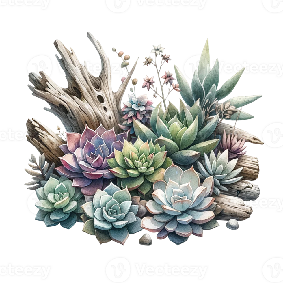 AI generated Succulent garden with driftwood accents  watercolor clipart png