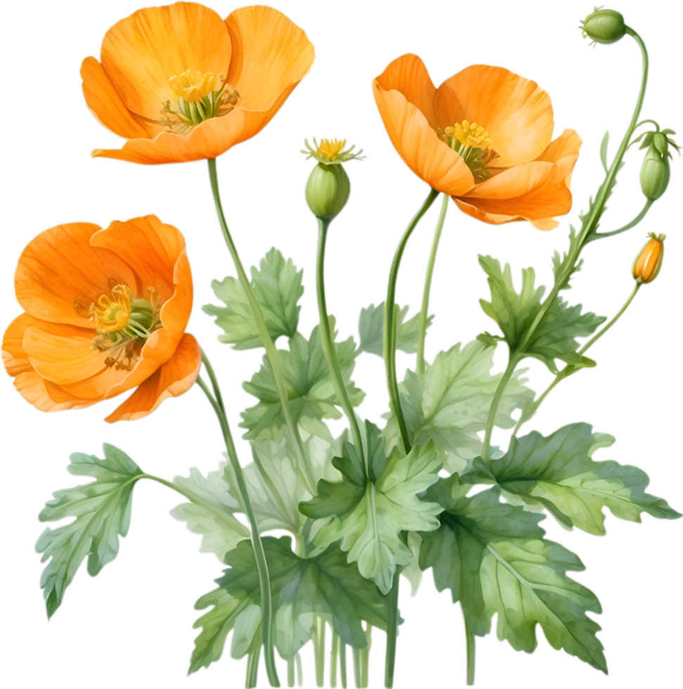 AI generated Welsh poppy flowers. Watercolor painting of Welsh poppy flowers. png