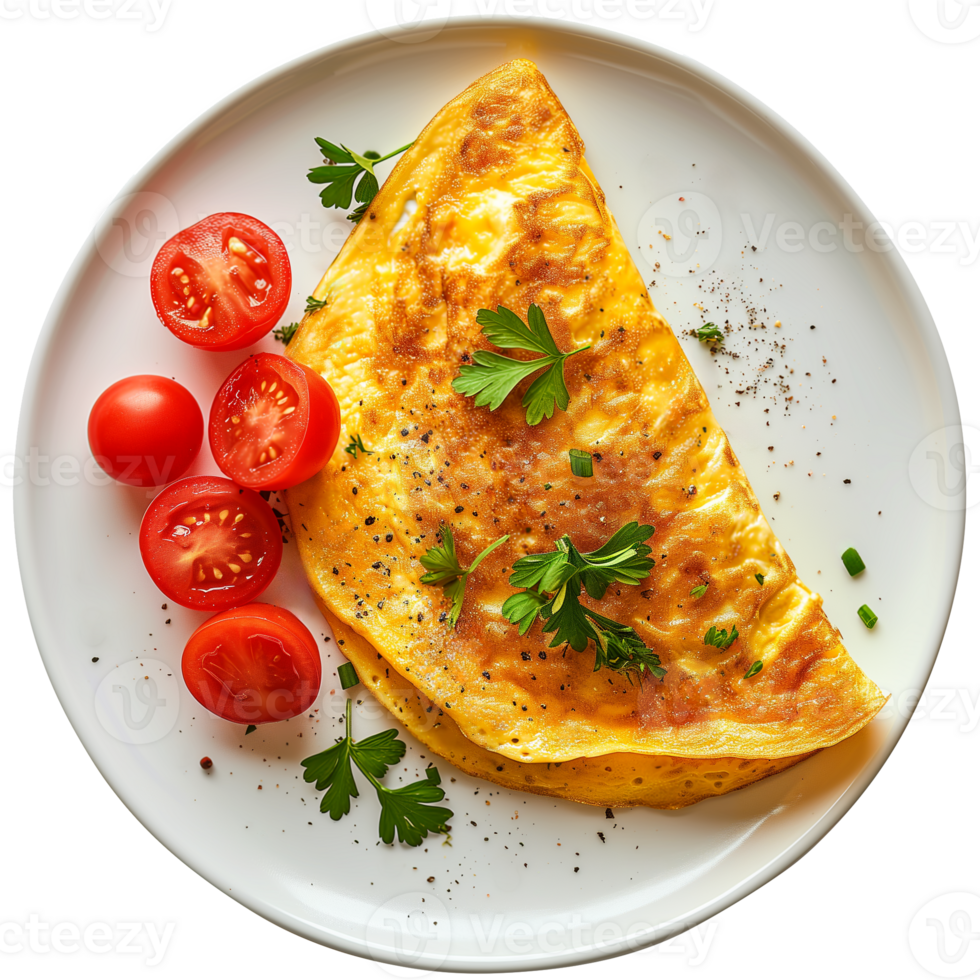 AI generated breakfast omelette on a plate top view isolated on transparent png