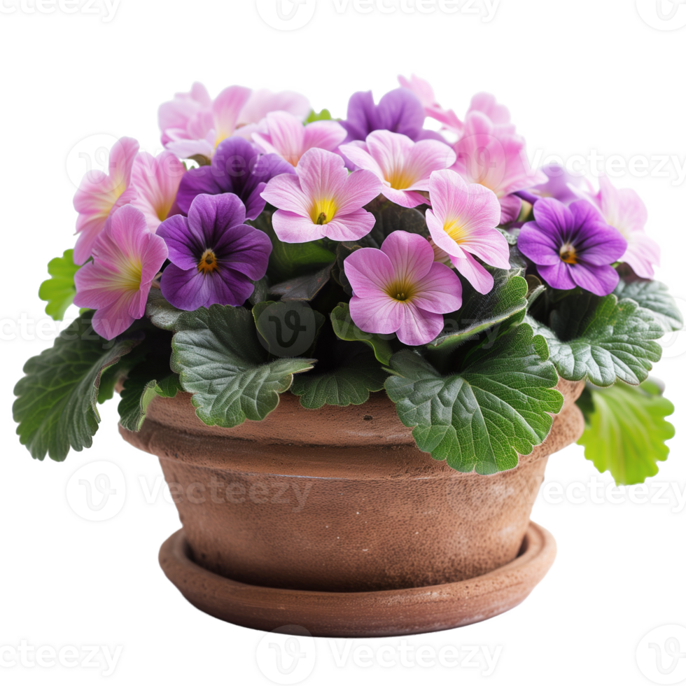AI generated Vivid spring primula flowers in pot isolated on transparent png