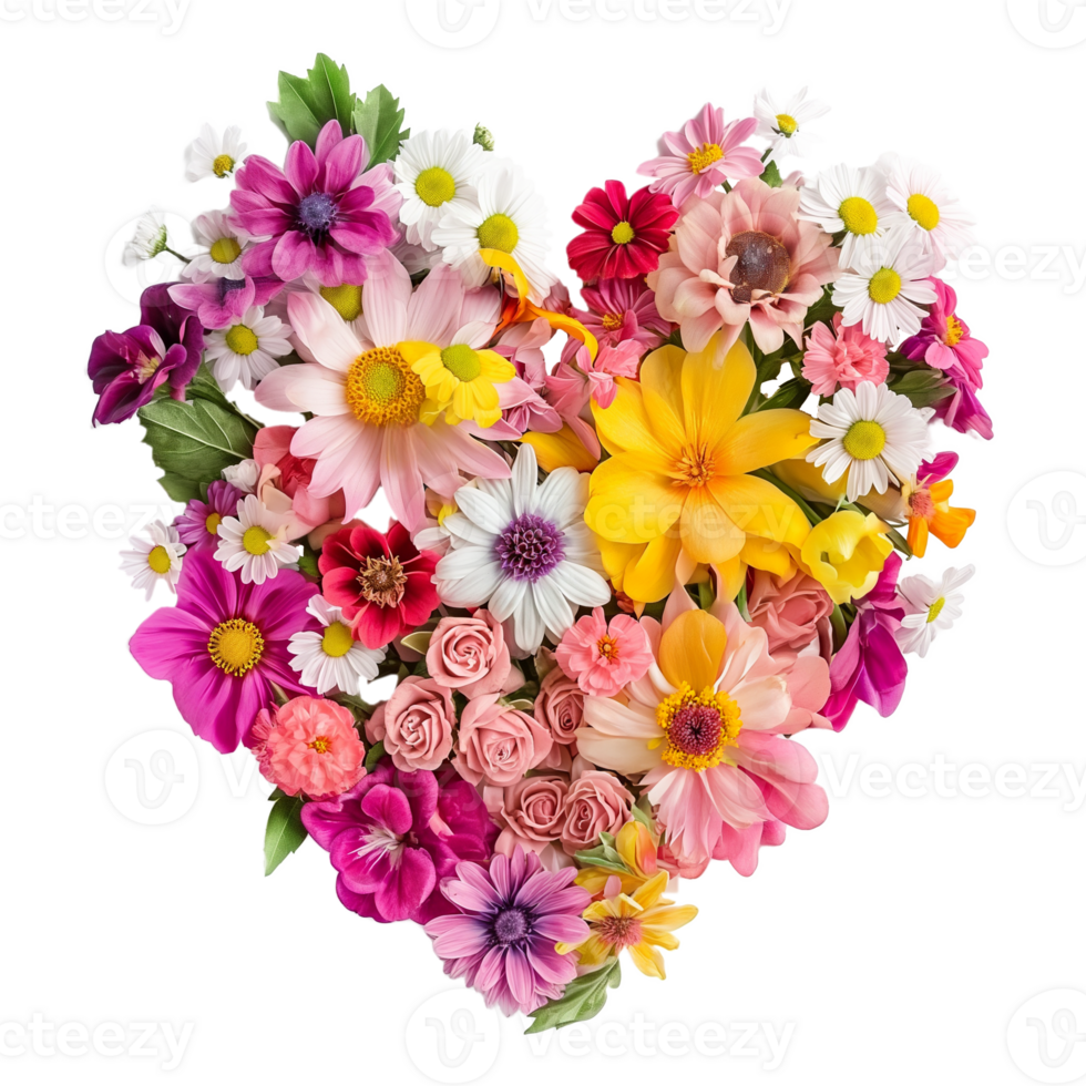 AI generated heart shape bouquet of flowers isolated on transparent background png