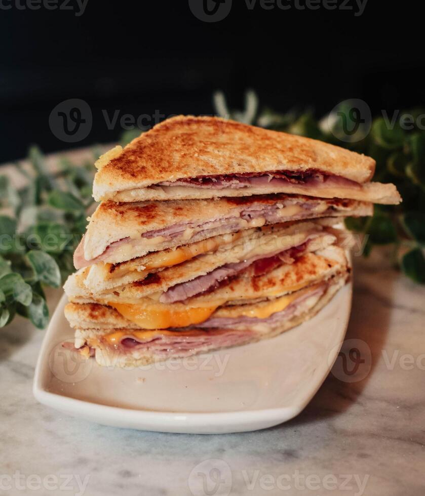 Hot ham and cheese sandwich, toasted with butter on bread photo